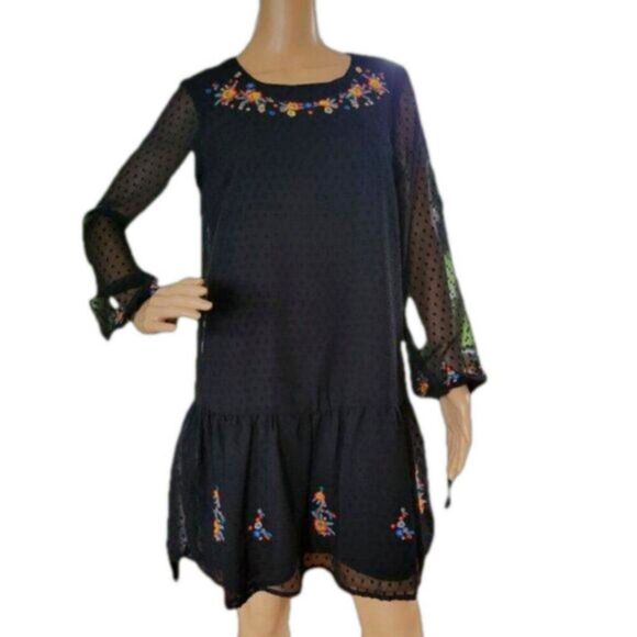 Japna Dresses & Skirts - Japna Dress Black Embroidered Floral lined Med. chiffon Whimsigoth BOHO festival